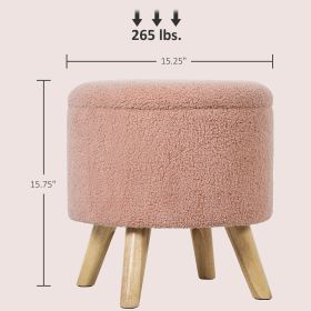 Round Ottoman Stool With Storage, Linen Upholstered Foot Stool With Padded Seat, Hidden Space And Wood Legs, (Color: PINK)
