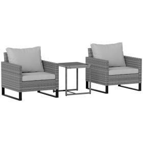 Patio Set, Wicker Bistro Set With Cushions, Rattan Chairs, Glass Coffee Table For Backyard, Porch, Balcony, Gray (Option: Gray)