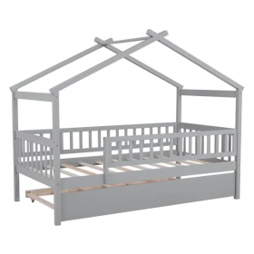 Twin Size Wooden House Bed With Twin Size Trundle (Color: Grey)