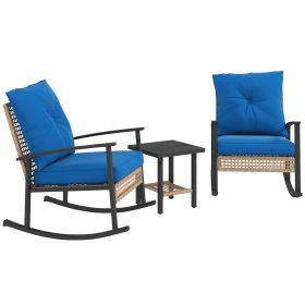 3 Pieces Bistro Set, Patio Wicker Furniture Set With Button Tufted Cushions, Rattan Rocking Chairs, Coffee Table, Blue (Color: Blue)