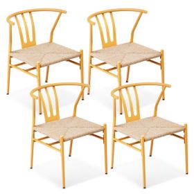 4PCS Weave Dining Chair, Mid-Century Modern Metal Rattan Chair For Kitchen Dining Living Room, Wood Color (Option: 4pcs)