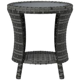 18 Wicker Outdoor Coffee Table, PE Rattan Patio Side Table With 2-Tier Storage, Composite Wood Top, Gray (Option: Gray)