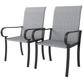 Set Of 4 Outdoor Wicker Dining Chairs With Armrest, Steel Frame, High Back And Deep Seating, Gray (Option: Gray)
