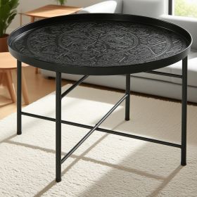 Coffee Table For Living Room, 24inch Round Center Table With Hammered Tray Top And Metal Frame For Bedroom, Black (Color: Black)