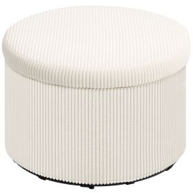 24 Inches Round Storage Ottoman Stool With Lid, Upholstered Corduroy Foot Rest For Living Room, Bedroom, Beige (Color: Beige)