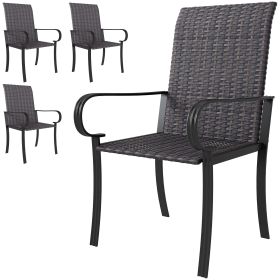 Set Of 4 Outdoor Wicker Dining Chairs With Armrest, Steel Frame, Highback And Deep Seating, Brown (Color: Brown)