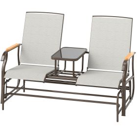 Outdoor 2-Person Glider Bench, Outside Glider Swing Chair Loveseat With Table, Steel Frame, Cream White (Color: White)