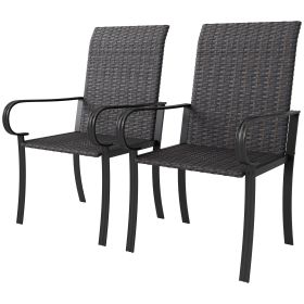 Set Of 2 Outdoor Wicker Dining Chairs With Armrest, Steel Frame, High Back And Deep Seating, Brown (Color: Brown)