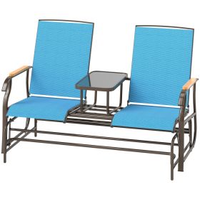 Outdoor 2-Person Glider Bench, Outside Glider Swing Chair Loveseat With Table, Steel Frame, Blue (Color: Blue)