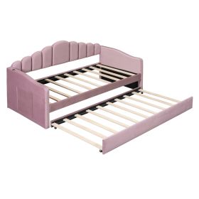 Twin Upholstered Daybed With Trundle, Velvet, USB Ports, No Box Spring Needed (Color: PINK)