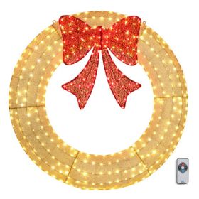 60in Pre-Lit Outdoor Christmas Wreath Decoration, LED Metal Holiday Decor For Home Exterior, Garden W 400 Lights, Bow - Gold Red (Option: Default title)