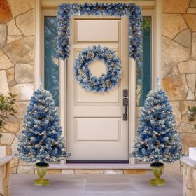 Pre-lit Xmas Tree Artificial Christmas 4-Piece Set,Garland, Wreath And Set Of 2 Entrance Trees X-mas With LED Lights, Christmas Tree (Color: Blue)