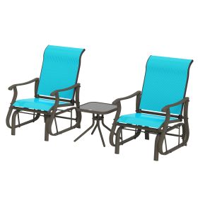 3-Piece Outdoor Gliders Set Bistro Set With Steel Frame, Tempered Glass Top Table For Patio, Garden, Bright Blue (Color: Blue)