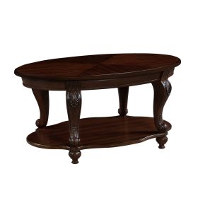 42'' Oval Wood Coffee Table For Living Room, 2-Tier Solid Wood Cocktail Table With Open Storage Shel (Option: Cherry)