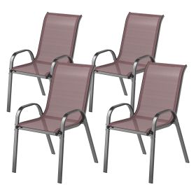 Set Of 4 Outdoor Dining Chairs, Stackable Patio Chairs With High Back, Breathable Mesh Seat For Garden Lawn, Brown (Color: Brown)